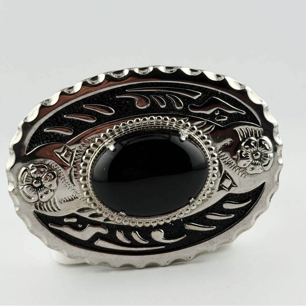 Western Oval Black Onyx Style Belt Buckle Silver Tone Floral Scalloped Cowboy